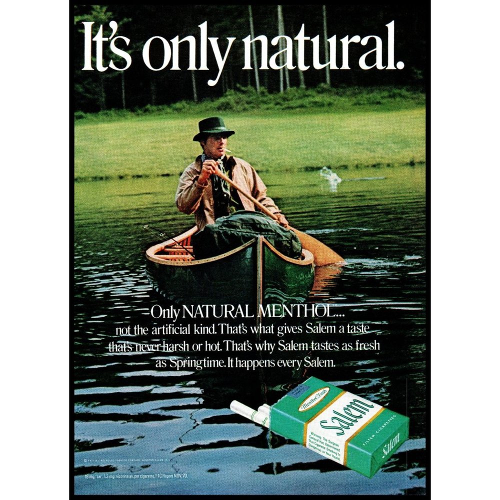 1971 Salem Menthol Cigarettes Vintage Print Ad Green Wooden Canoe Nature Photo